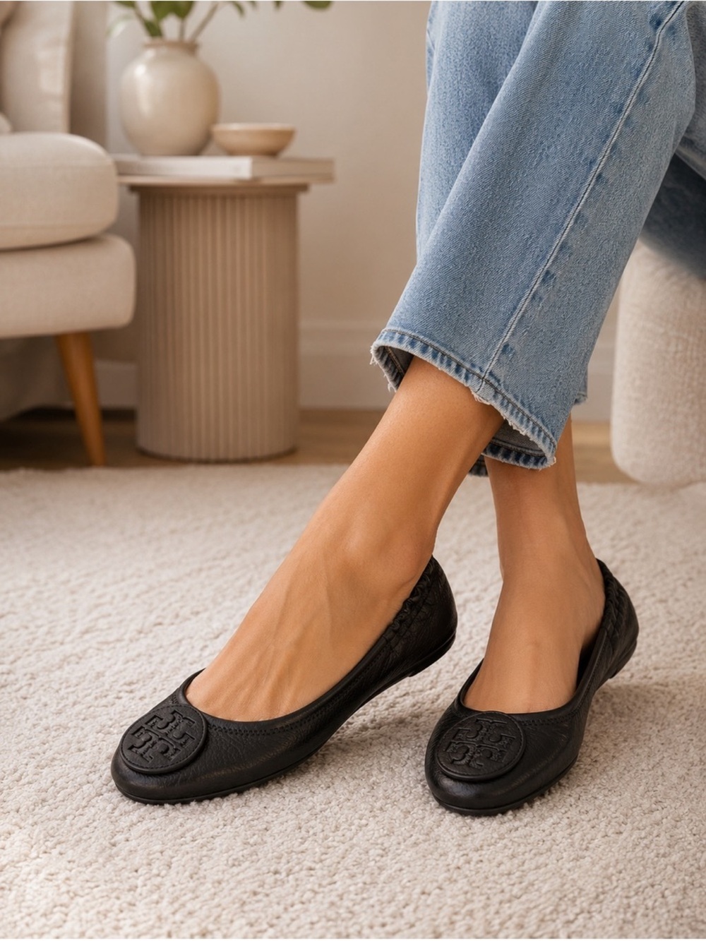 Tory Burch Reva Ballet Flats Classic Pebbled Black Size 8.5